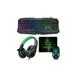 Kit Gamer HyperGear 4 en 1 incluye Teclado + Mouse + MousePad + Audífonos , Alámbrico, USB, Negro/Verde (Inglés)