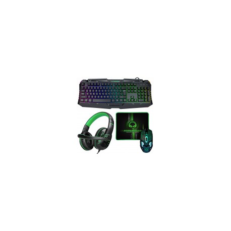 Kit Gamer HyperGear 4 en 1 incluye Teclado + Mouse + MousePad + Audífonos , Alámbrico, USB, Negro/Verde (Inglés)